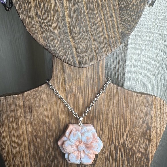 Pink Agate (“Cotton Candy Agate”) Flower Pendant on Stainless Steel Chain - Picture 10 of 14